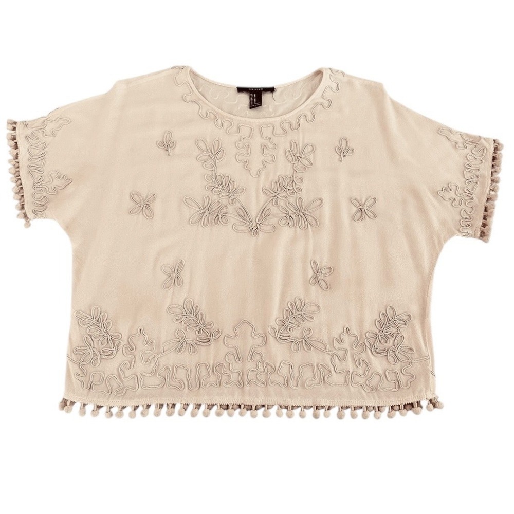 Forever 21 Light Tan Peach Appliqué Blouse Size Medium Flat Ribbon Floral Design